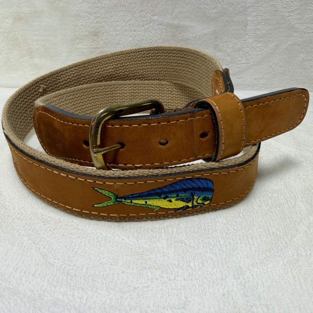 Zep-Pro Mens 36 Leather Canvas‎ Fishing Belt Brown Mahi Mahi Sportfish Boat